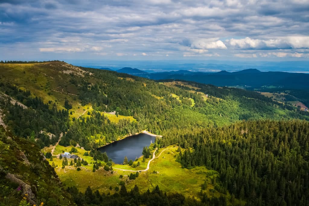 vosges mountains summer landscape from the gazon du faing overlooking at the forlet lake (or "lac des truites"), france.